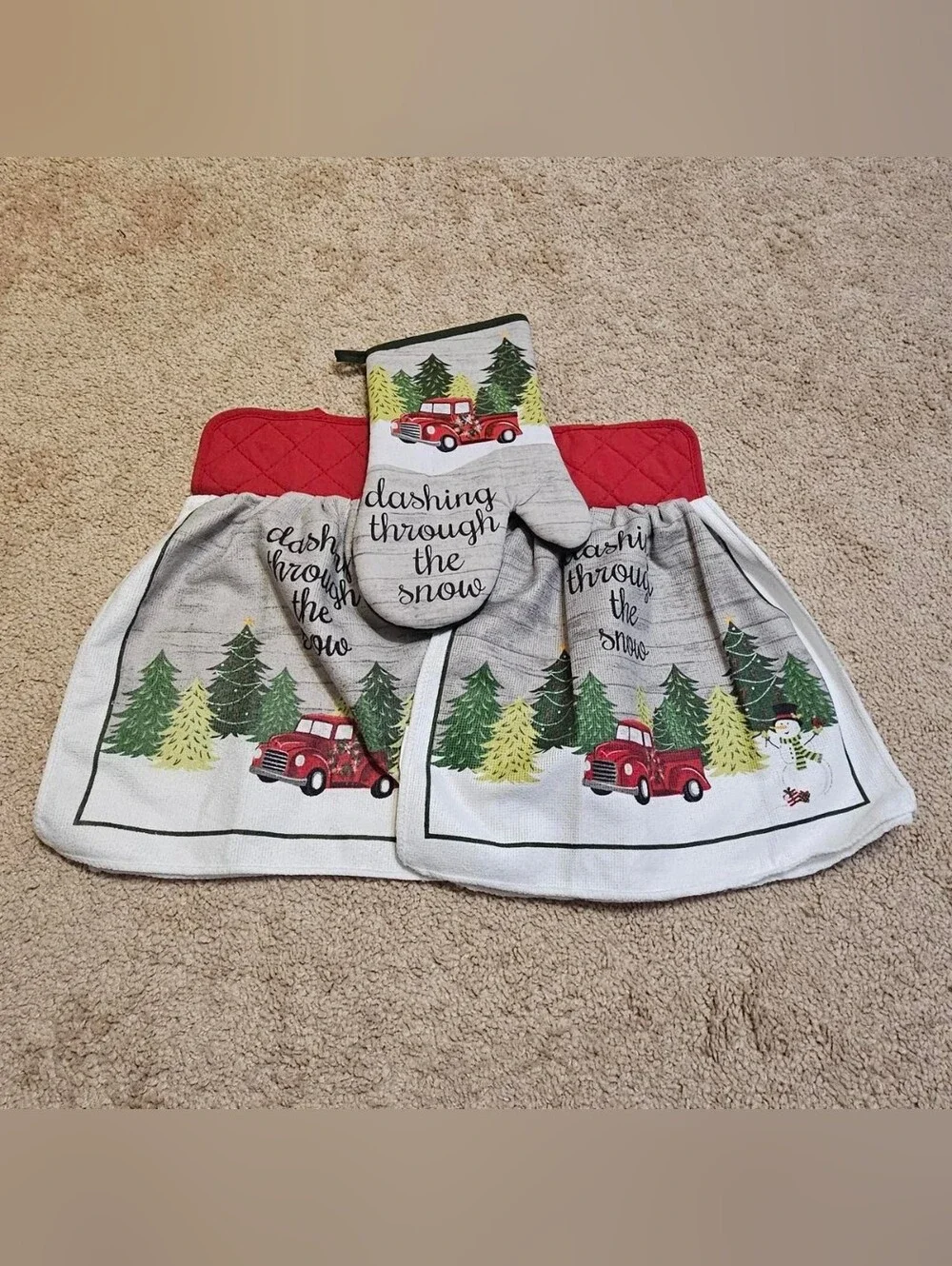 2 Handcrafted Towels Attached To Potholders | Red | Christmas